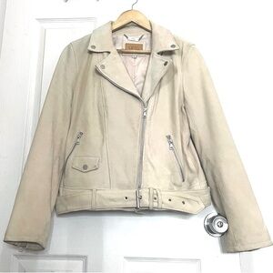 UGG Stacey Cream Lamb Suede Leather Motorcycle Biker Jacket with Belt Zippers
